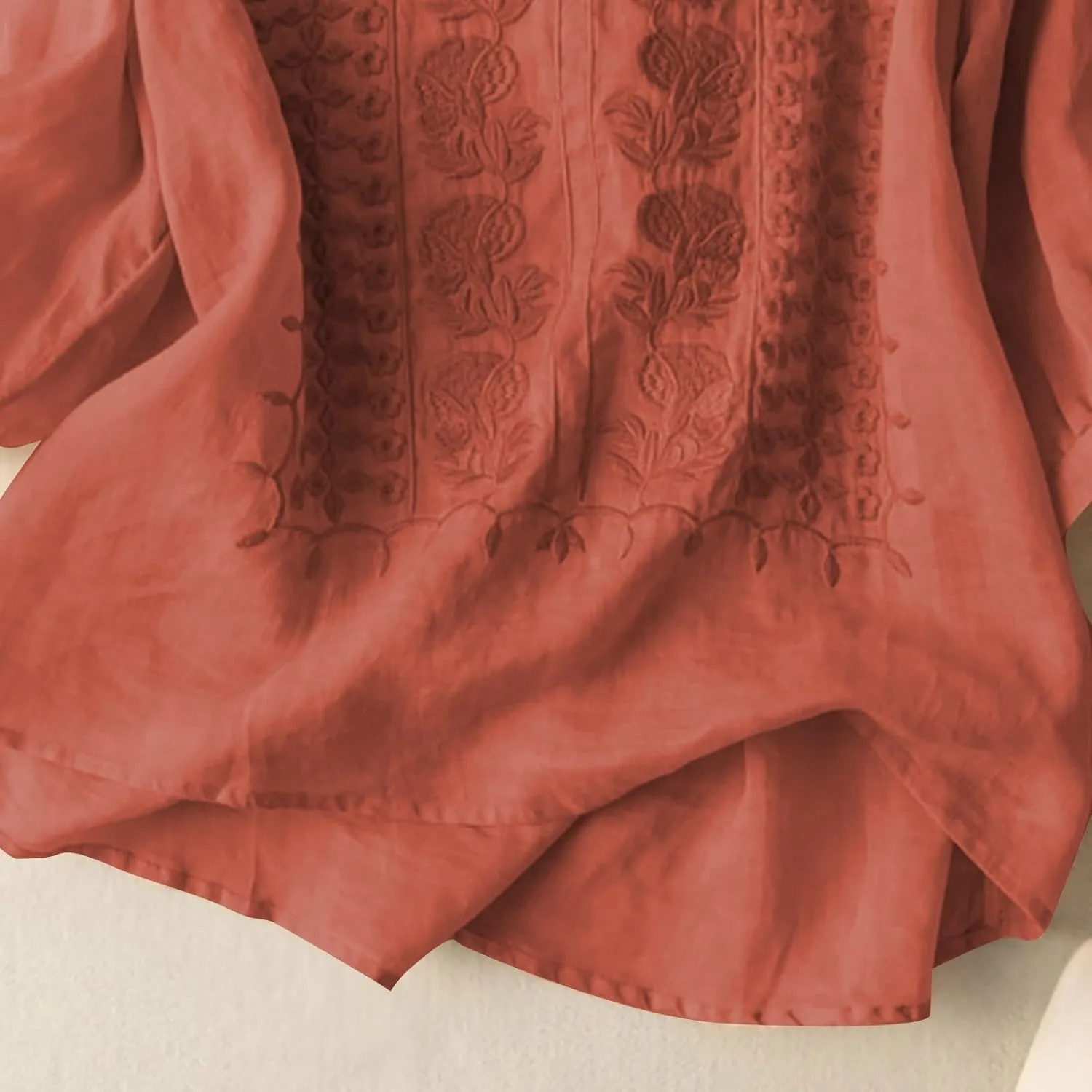 Women's 3/4 Sleeve Cotton Linen Jacquard Blouses Top T-Shirt 2025 Loose Fit Crew Neck Floral Embroidery Ruched Shirt