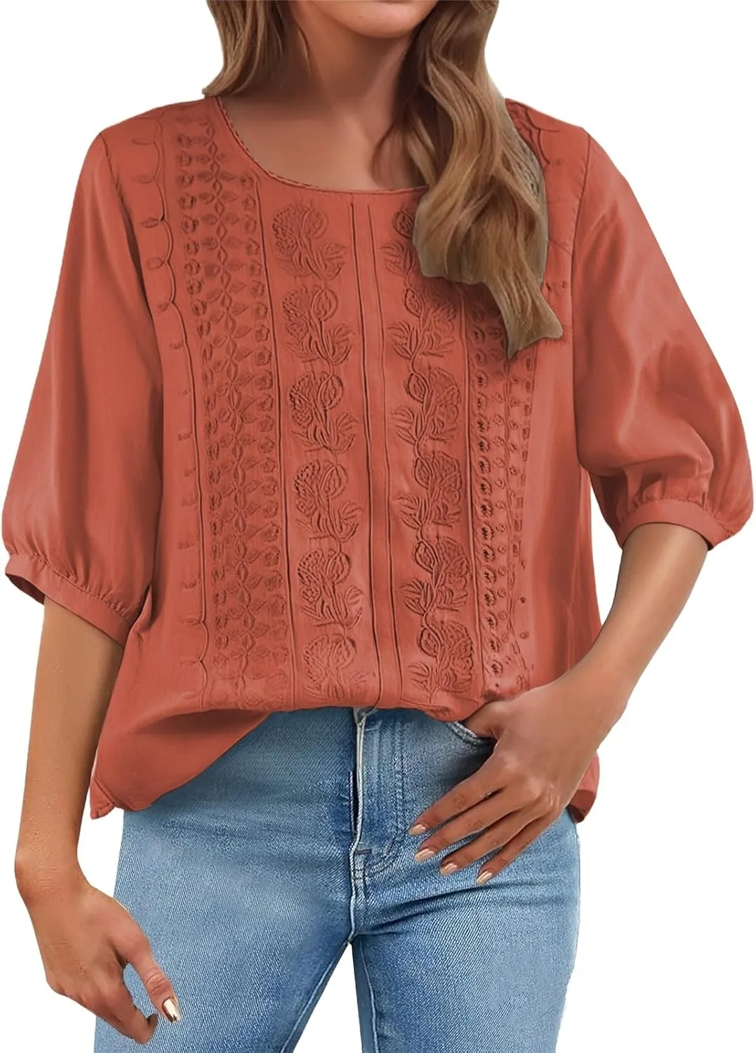 Women's 3/4 Sleeve Cotton Linen Jacquard Blouses Top T-Shirt 2025 Loose Fit Crew Neck Floral Embroidery Ruched Shirt