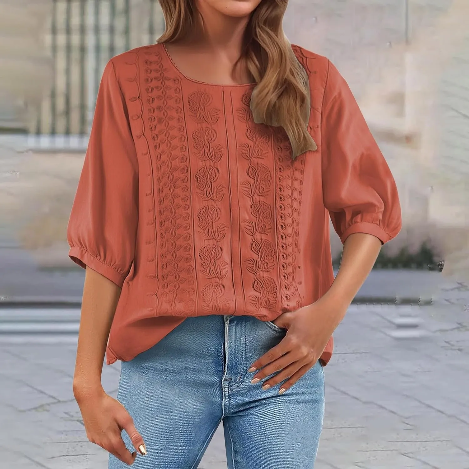 Women's 3/4 Sleeve Cotton Linen Jacquard Blouses Top T-Shirt 2025 Loose Fit Crew Neck Floral Embroidery Ruched Shirt