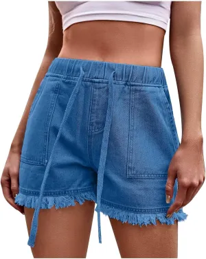 Women's 4" Denim Short Womens High Rise Shorts Stretchy Frayed Raw Hem Hot Short Jeans Casual Denim Jeans Shorts
