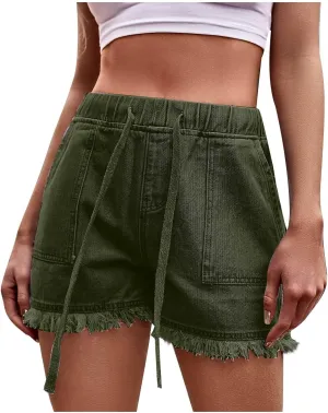 Women's 4" Denim Short Womens High Rise Shorts Stretchy Frayed Raw Hem Hot Short Jeans Casual Denim Jeans Shorts