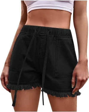 Women's 4" Denim Short Womens High Rise Shorts Stretchy Frayed Raw Hem Hot Short Jeans Casual Denim Jeans Shorts