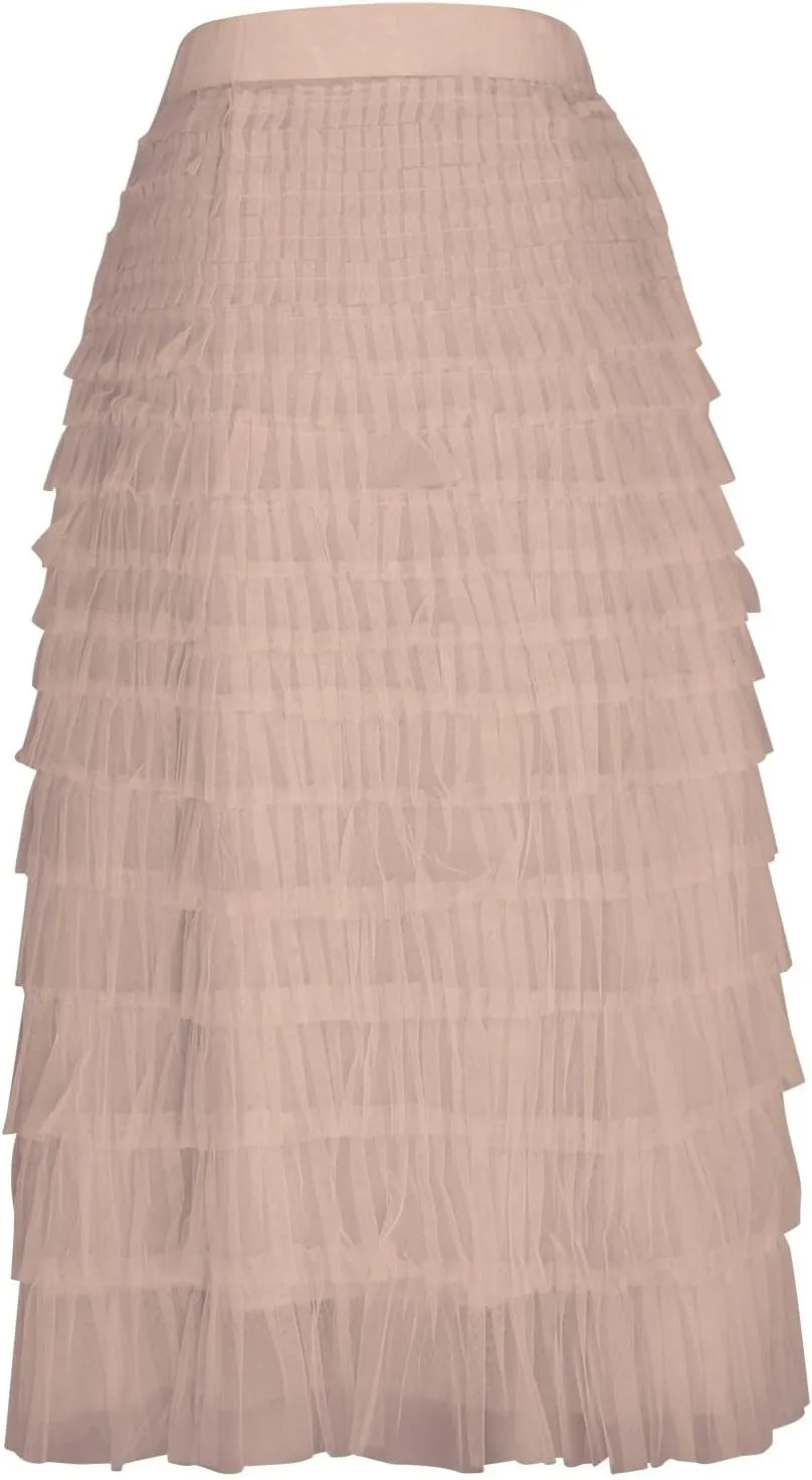 Women's A Line Pleated Skirt Casual Fashion Ruffle Mesh Vintage Chiffon High Waist Flowy Floor Length Bubble Skirts