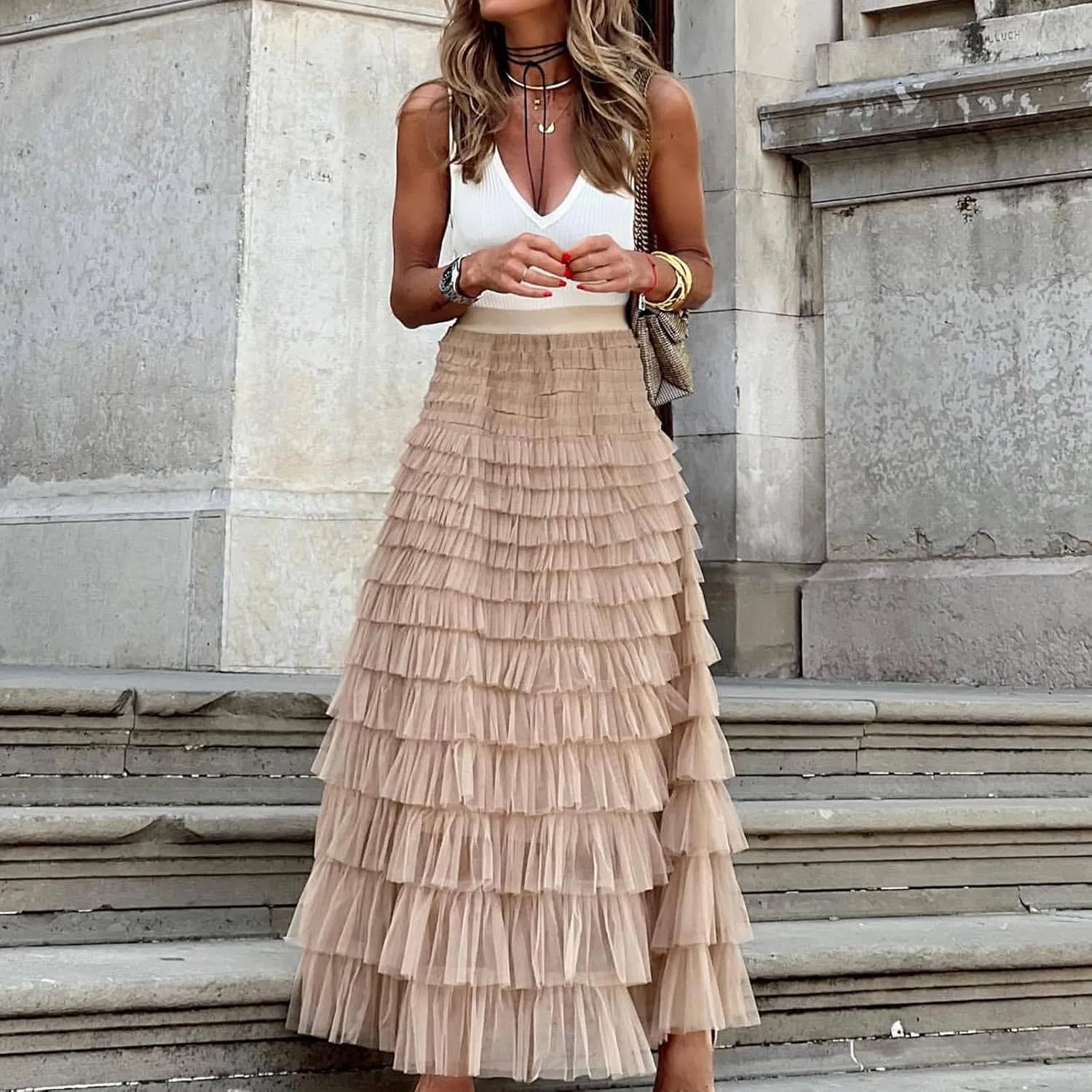Women's A Line Pleated Skirt Casual Fashion Ruffle Mesh Vintage Chiffon High Waist Flowy Floor Length Bubble Skirts