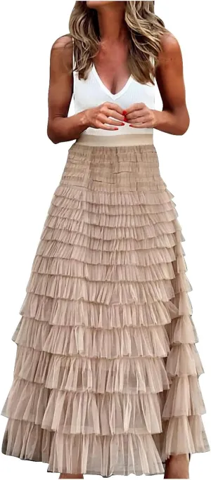 Women's A Line Pleated Skirt Casual Fashion Ruffle Mesh Vintage Chiffon High Waist Flowy Floor Length Bubble Skirts