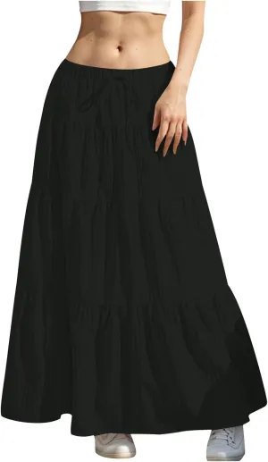 Women's Beach Vacation Skirts Summer Flowy Ruffle Boho Pleated Drawstring Maxi Skirt Casual Fashion Flowy Skirts