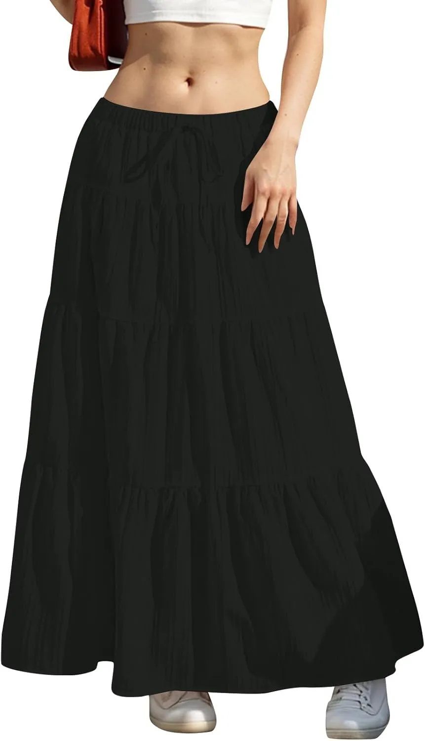Women's Beach Vacation Skirts Summer Flowy Ruffle Boho Pleated Drawstring Maxi Skirt Casual Fashion Flowy Skirts