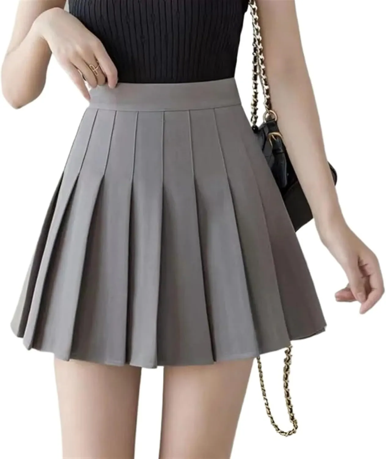 Womens Black Pleated Skirts High Waist Zipper Button Dancing Skirts Ladies Fashion Solid All-Match Mini Skirts(GRAY,Large)