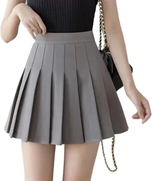 Womens Black Pleated Skirts High Waist Zipper Button Dancing Skirts Ladies Fashion Solid All-Match Mini Skirts(GRAY,Large)