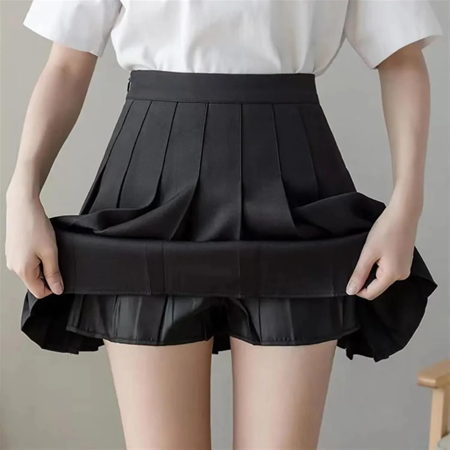 Womens Black Pleated Skirts High Waist Zipper Button Dancing Skirts Ladies Fashion Solid All-Match Mini Skirts(GRAY,Large)