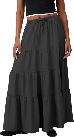 Womens Boho Maxi Skirt Solid Ruffle Swing Elastic High Waisted Pleated Flowy Skirts 2025 Trendy Summer Beach Skorts