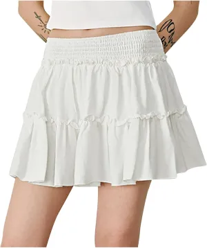 Womens Boho Mini Skirt 2025 Summer Beach Skirts High Waisted Ruffled Tiered A Line Flowy Skirts Built-in Shorts