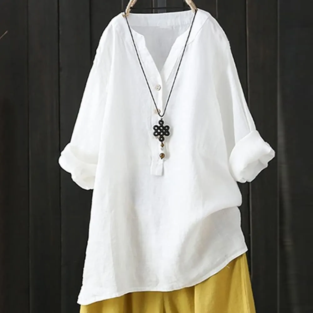 Women's Button Down Shirts Linen Roll Up Cuffed Sleeve V Neck Beach Shirt Casual Loose Solid Blouse Tops
