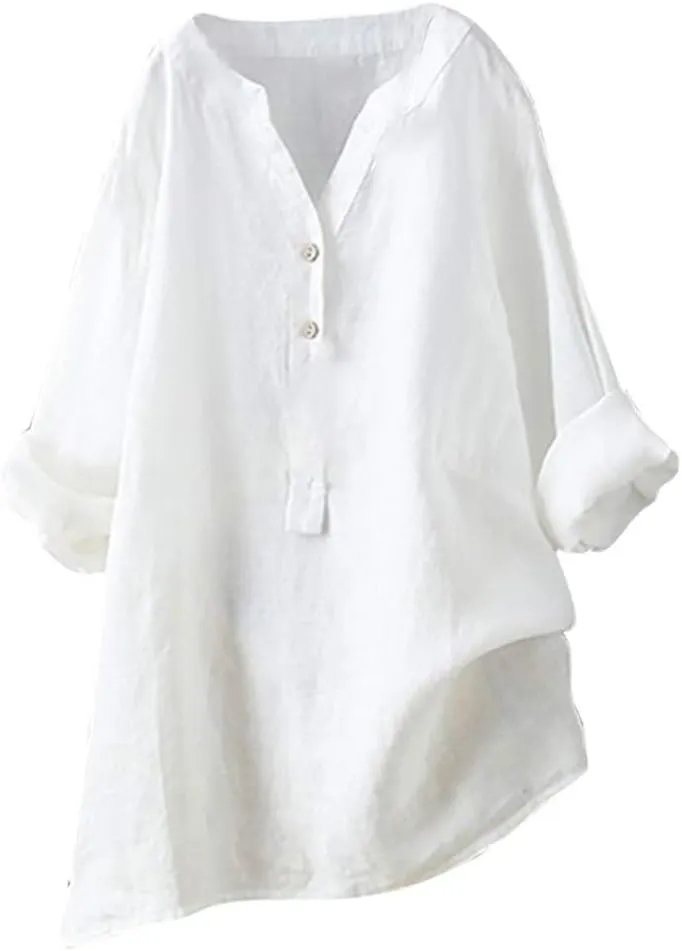 Women's Button Down Shirts Linen Roll Up Cuffed Sleeve V Neck Beach Shirt Casual Loose Solid Blouse Tops
