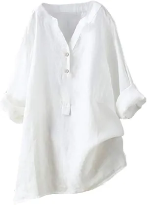 Women's Button Down Shirts Linen Roll Up Cuffed Sleeve V Neck Beach Shirt Casual Loose Solid Blouse Tops