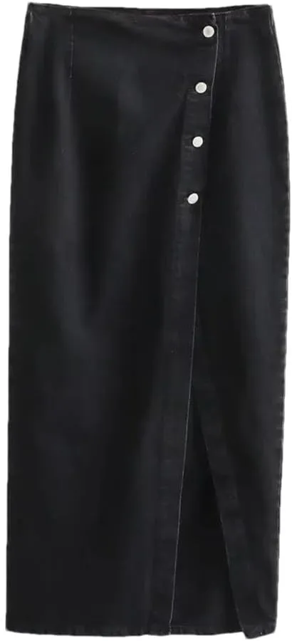 Women's Casual Denim Midi Skirts Button Front with Side Slit Skirts