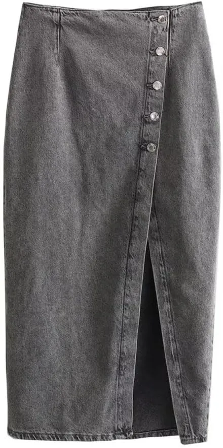 Women's Casual Denim Midi Skirts Button Front with Side Slit Skirts
