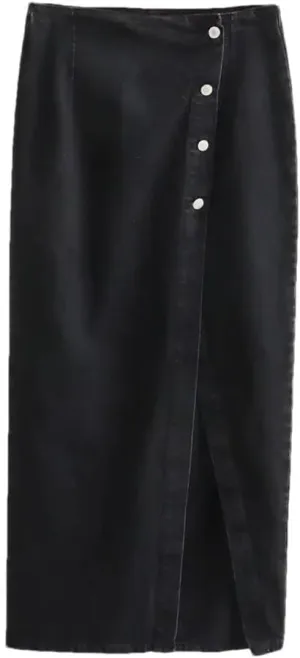 Women's Casual Denim Midi Skirts Button Front with Side Slit Skirts