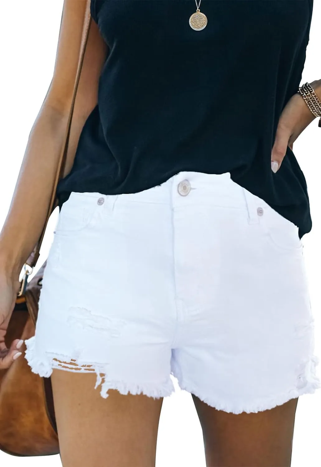 Women's Casual High Waisted Denim Shorts Frayed Raw Hem Stretch Ripped Jean Shorts