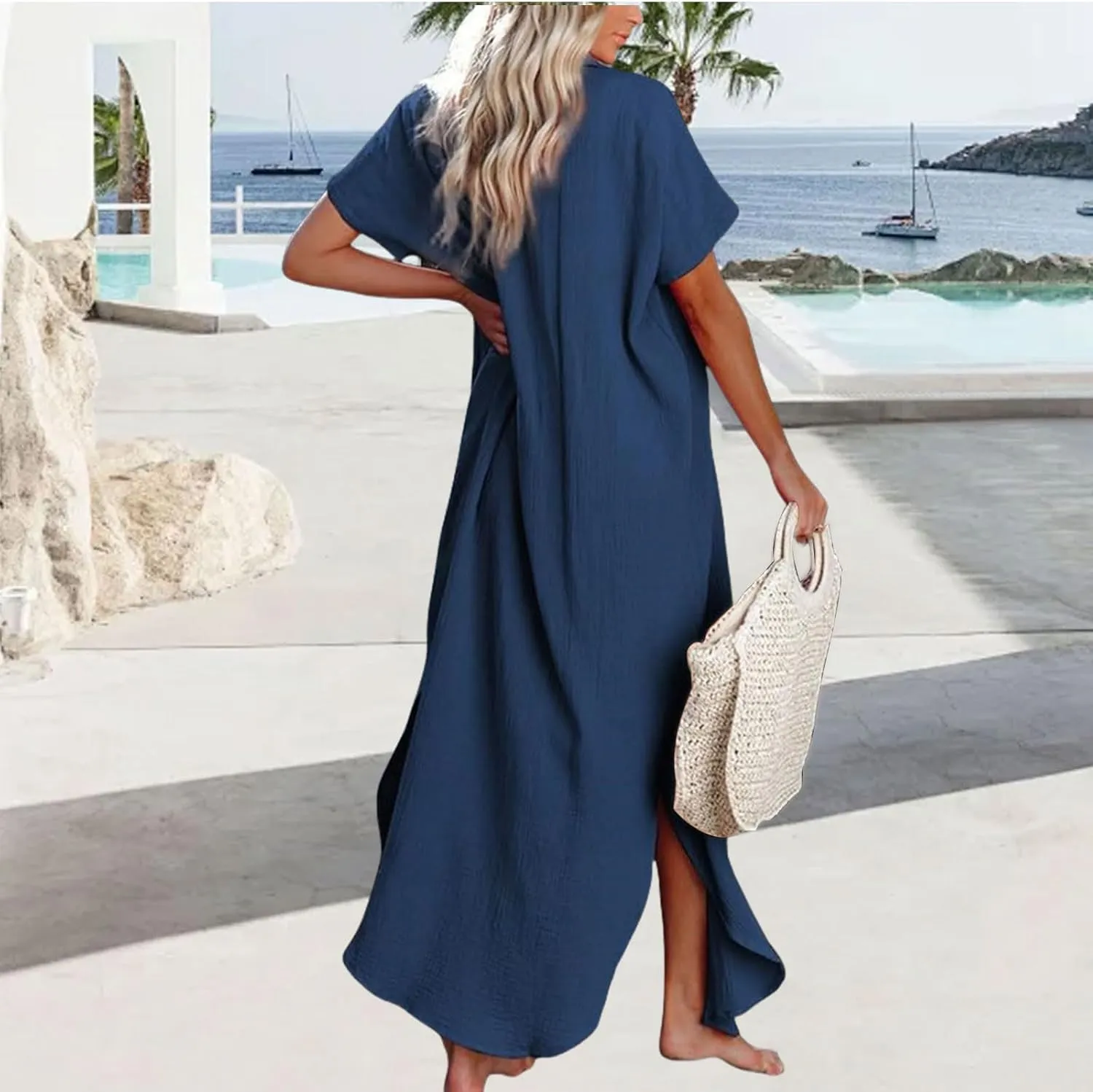 Womens Casual Short Sleeve Button Down Dress Side Split Long Kimonos Summer Loose Midi Long Tunic Shirt Dress