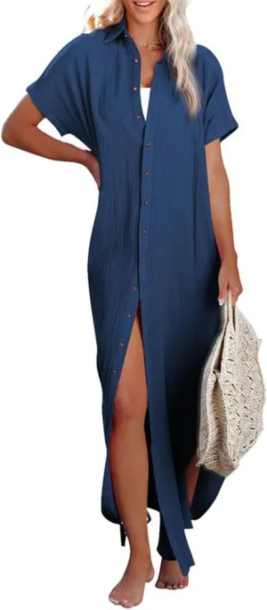 Womens Casual Short Sleeve Button Down Dress Side Split Long Kimonos Summer Loose Midi Long Tunic Shirt Dress