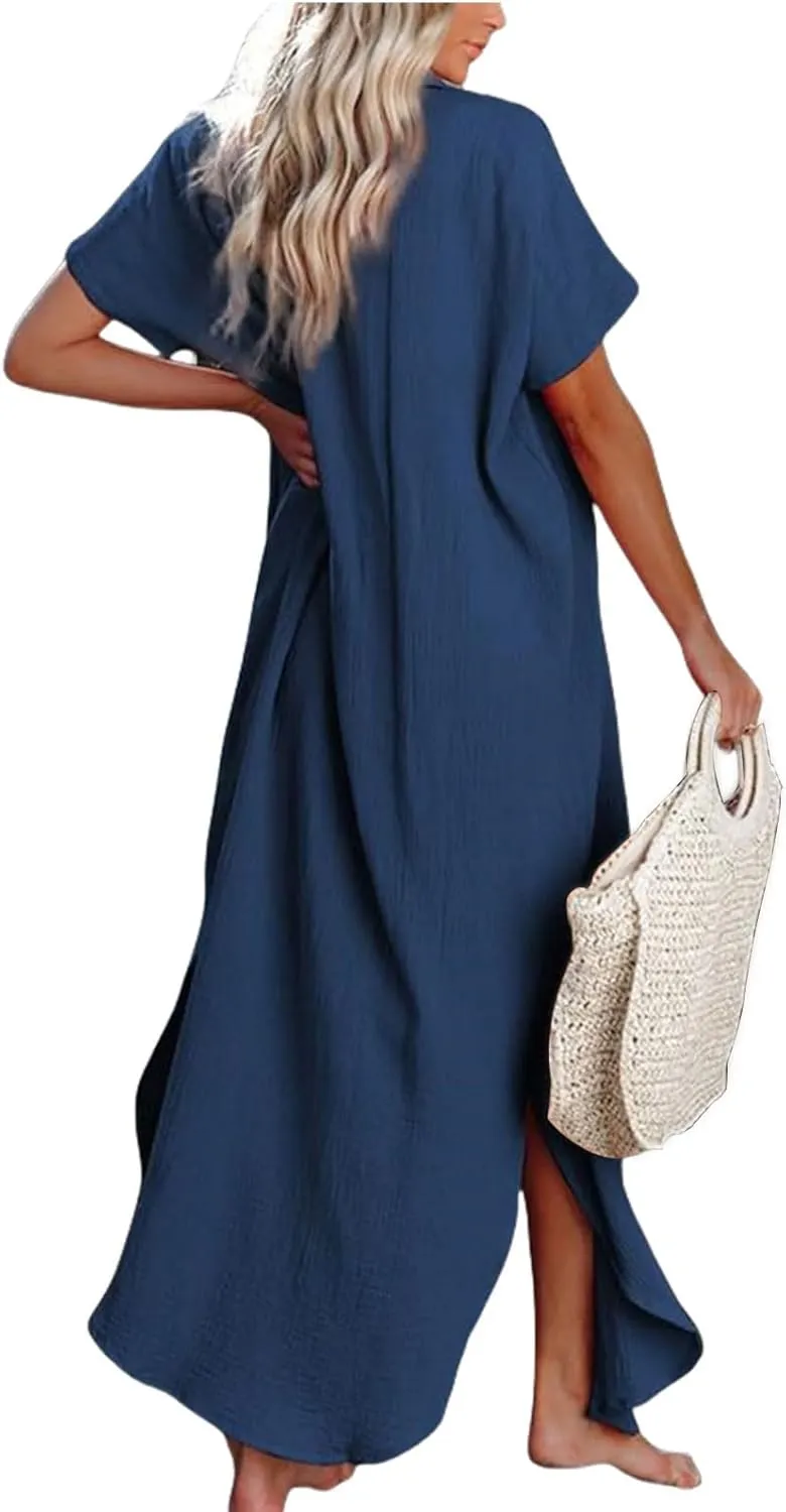 Womens Casual Short Sleeve Button Down Dress Side Split Long Kimonos Summer Loose Midi Long Tunic Shirt Dress