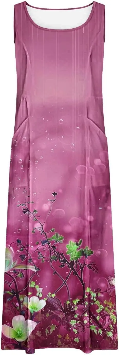 Women's Casual Summer Dresses 2024 Sleeveless Floral Dress Loose Fit Flowy Shift Dress Midi Dress