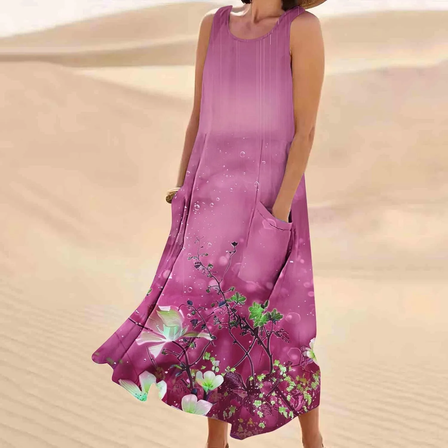 Women's Casual Summer Dresses 2024 Sleeveless Floral Dress Loose Fit Flowy Shift Dress Midi Dress