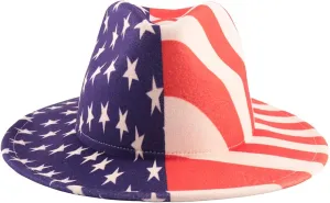 Women's Classic Wide Brim Felt Fedora Travel Western Fashion Hat, Adjustable Band American Flag Themed