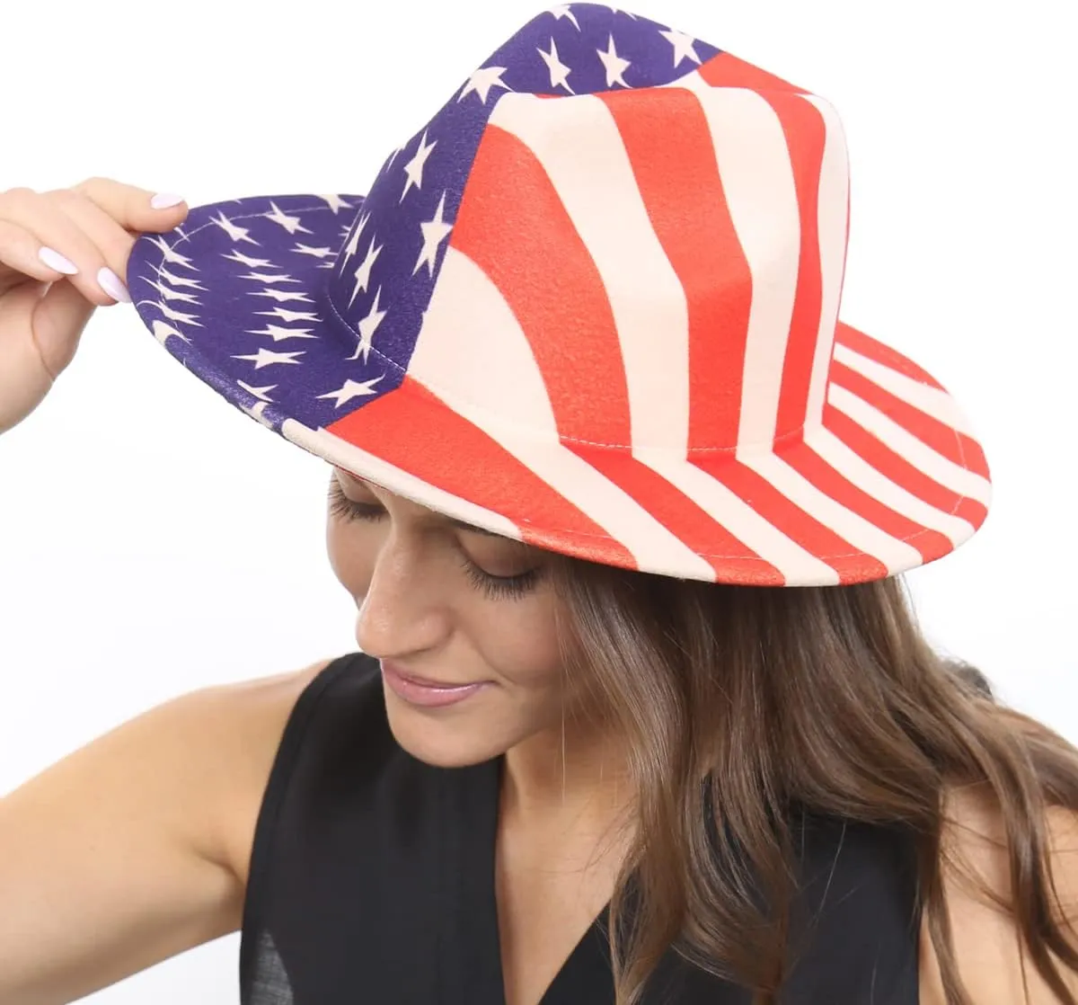 Women's Classic Wide Brim Felt Fedora Travel Western Fashion Hat, Adjustable Band American Flag Themed