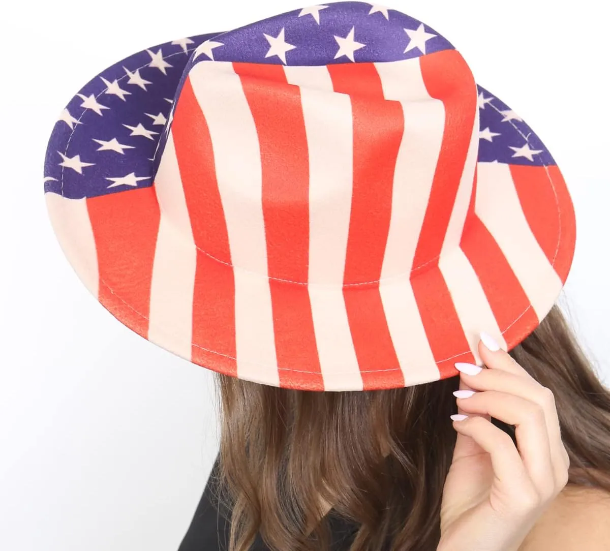 Women's Classic Wide Brim Felt Fedora Travel Western Fashion Hat, Adjustable Band American Flag Themed