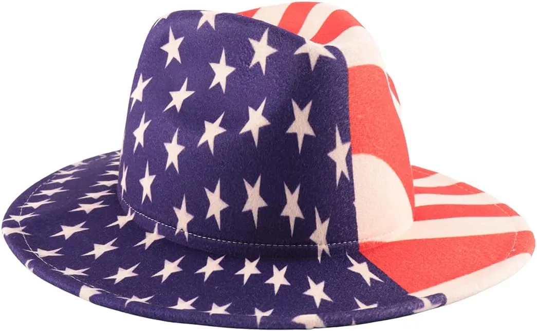 Women's Classic Wide Brim Felt Fedora Travel Western Fashion Hat, Adjustable Band American Flag Themed