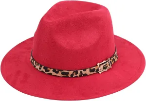Women's Classic Wide Brim Felt Fedora Travel Western Fashion Hat, Adjustable Hat Band Animal Skin Print Belted
