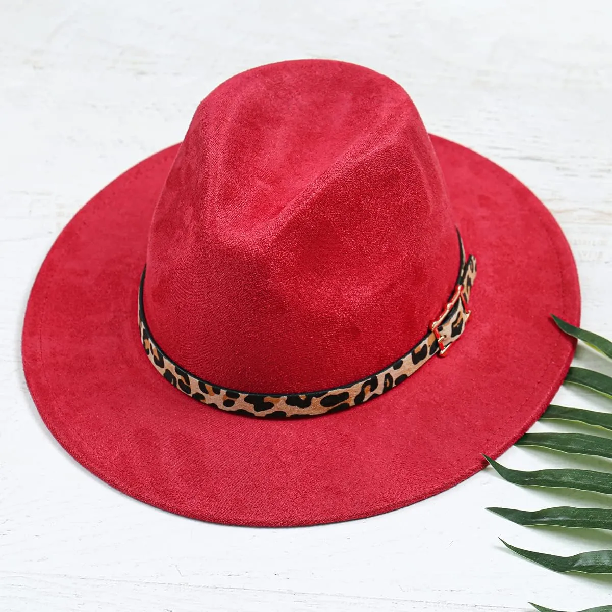 Women's Classic Wide Brim Felt Fedora Travel Western Fashion Hat, Adjustable Hat Band Animal Skin Print Belted