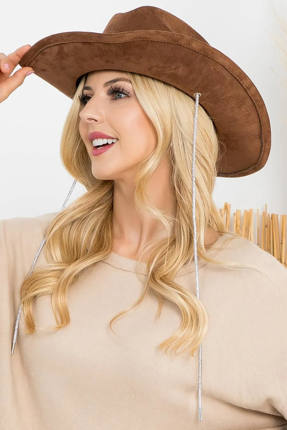 Women's Classic Wide Brim Felt Fedora Travel Western Fashion Hat, Adjustable Hat Band Rhinestone Glittered Lace