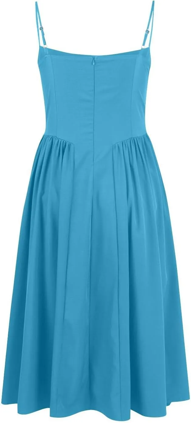 Womens Corset Dress Sexy Sleeveless Spaghetti Strap Bustier A Line Flowy Swing Midi Dress Low Cut Dressy Sundress
