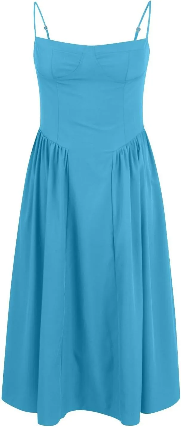 Womens Corset Dress Sexy Sleeveless Spaghetti Strap Bustier A Line Flowy Swing Midi Dress Low Cut Dressy Sundress