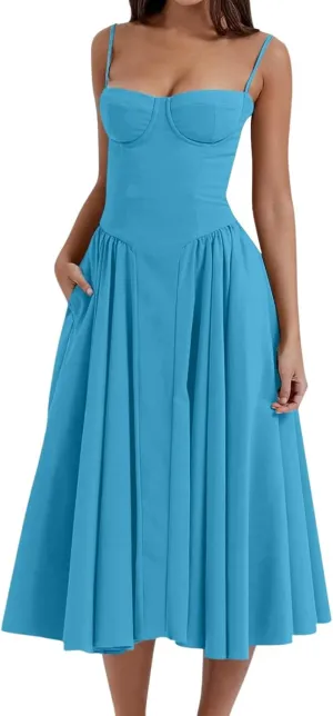 Womens Corset Dress Sexy Sleeveless Spaghetti Strap Bustier A Line Flowy Swing Midi Dress Low Cut Dressy Sundress