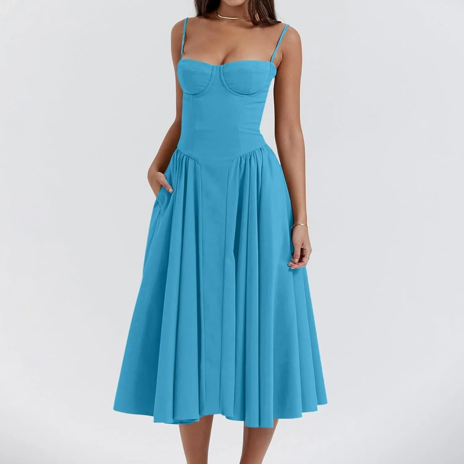 Womens Corset Dress Sexy Sleeveless Spaghetti Strap Bustier A Line Flowy Swing Midi Dress Low Cut Dressy Sundress