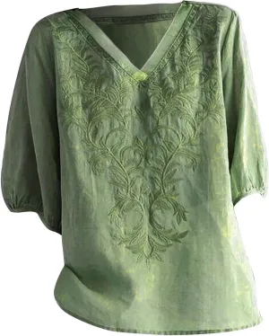 Womens Cotton Linen Tops 2025 Summer Half Sleeve Shirts Loose Crewneck Casual Boho Tops Vintage Embroidered Blouses