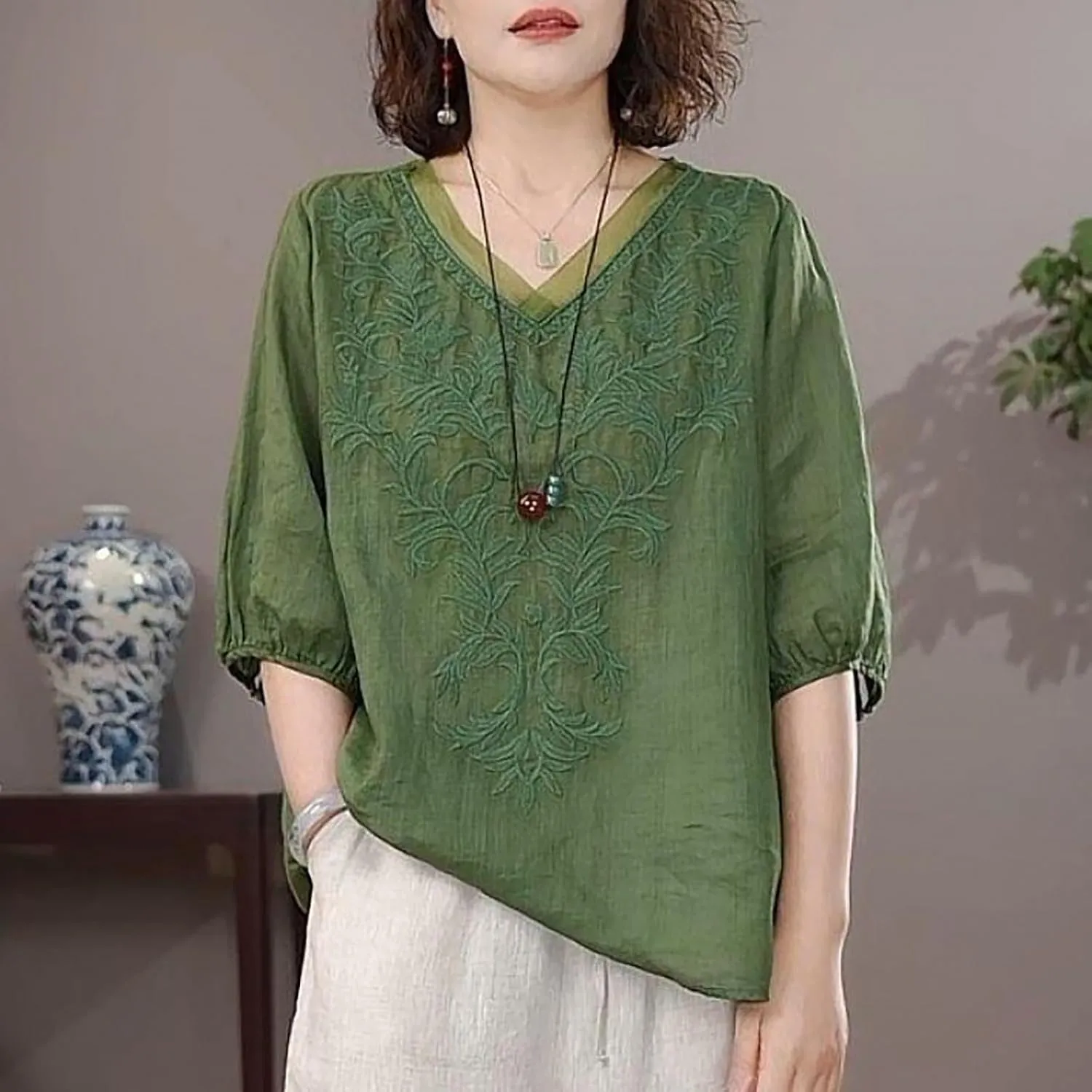 Womens Cotton Linen Tops 2025 Summer Half Sleeve Shirts Loose Crewneck Casual Boho Tops Vintage Embroidered Blouses
