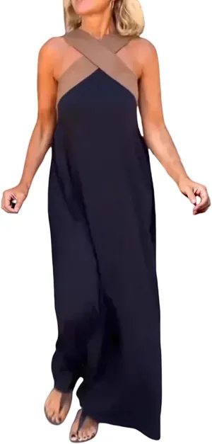 Women's Cross Halter Neck Sleeveless Stitching Dress Fashion Trendy Dressy Long Maxi Dresses Casual Sundress 2025