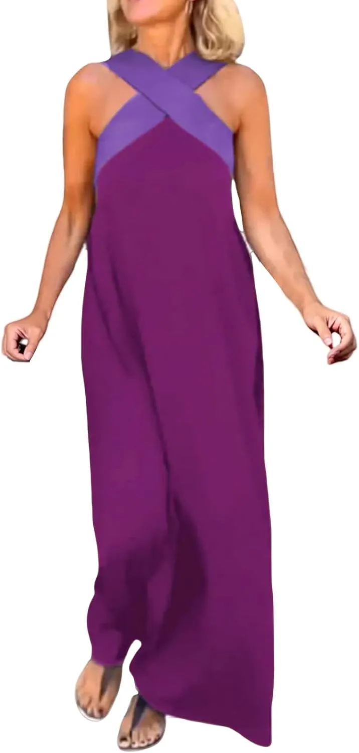 Women's Cross Halter Neck Sleeveless Stitching Dress Fashion Trendy Dressy Long Maxi Dresses Casual Sundress 2025