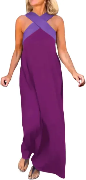 Women's Cross Halter Neck Sleeveless Stitching Dress Fashion Trendy Dressy Long Maxi Dresses Casual Sundress 2025