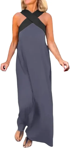 Women's Cross Halter Neck Sleeveless Stitching Dress Fashion Trendy Dressy Long Maxi Dresses Casual Sundress 2025