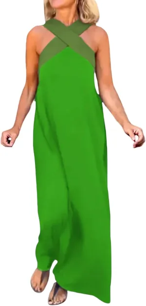 Women's Cross Halter Neck Sleeveless Stitching Dress Fashion Trendy Dressy Long Maxi Dresses Casual Sundress 2025
