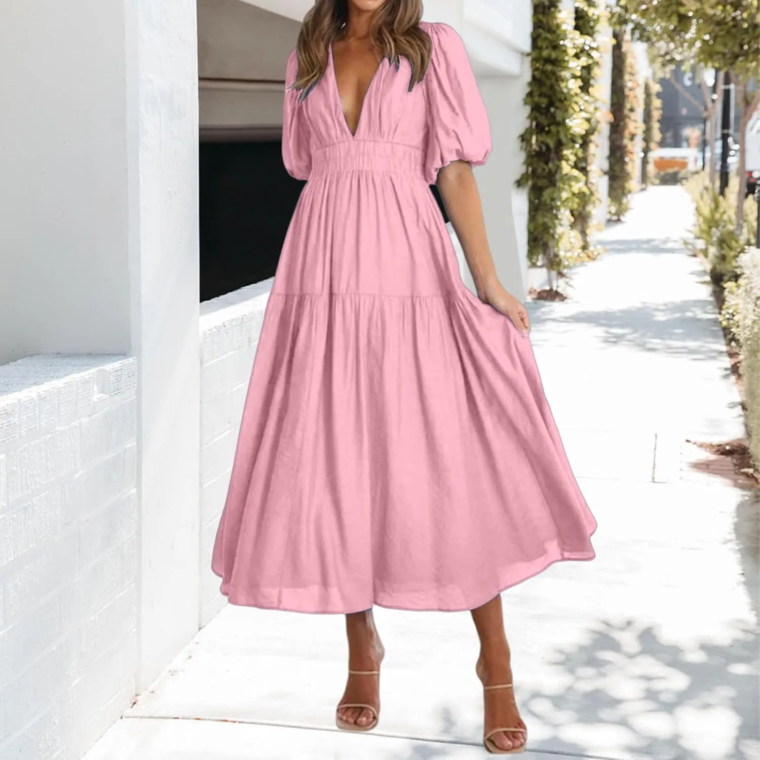 Womens Deep V Neck Dress Casual Elastic Waist Long Sleeve Dress Summer Trendy A-Line Tiered Flowy Midi Dresses