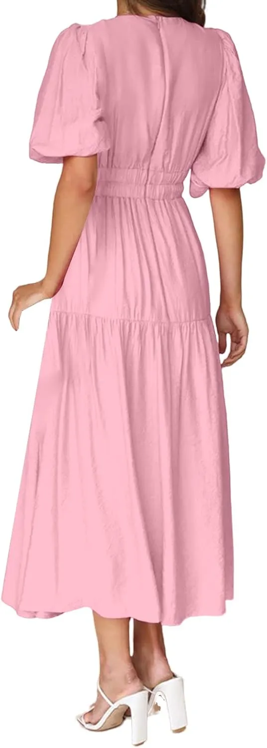 Womens Deep V Neck Dress Casual Elastic Waist Long Sleeve Dress Summer Trendy A-Line Tiered Flowy Midi Dresses