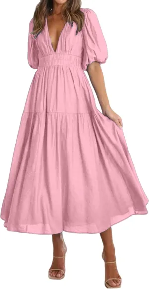 Womens Deep V Neck Dress Casual Elastic Waist Long Sleeve Dress Summer Trendy A-Line Tiered Flowy Midi Dresses