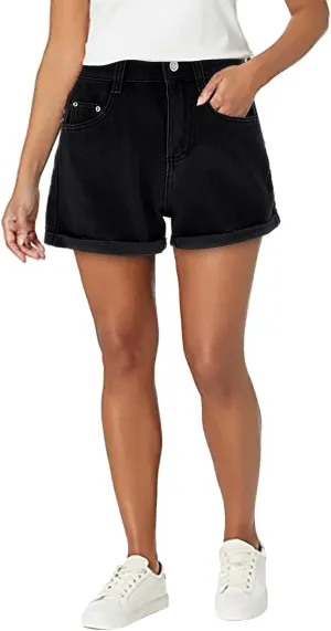 Womens Denim Shorts Stretchy High Waisted Summer Beach Jean Shorts Trendy Folded Hem Casual Loose Fit Short Jeans